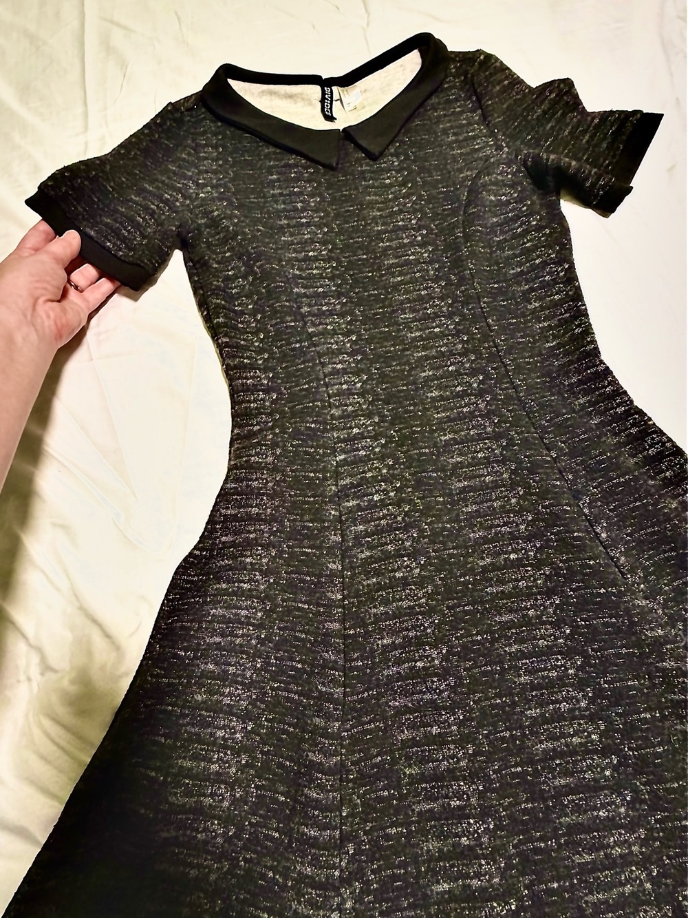 H&M Black Textured Fit-and-Flare Dress with Peter Pan Collar